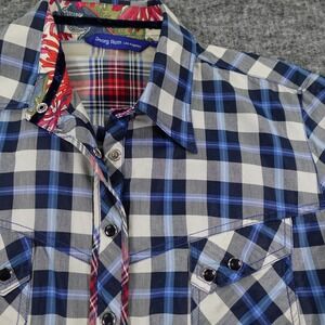 Georg Roth Snap Shirt Womens Small Blue Plaid Floral Flip Cuff‎ Western Boho